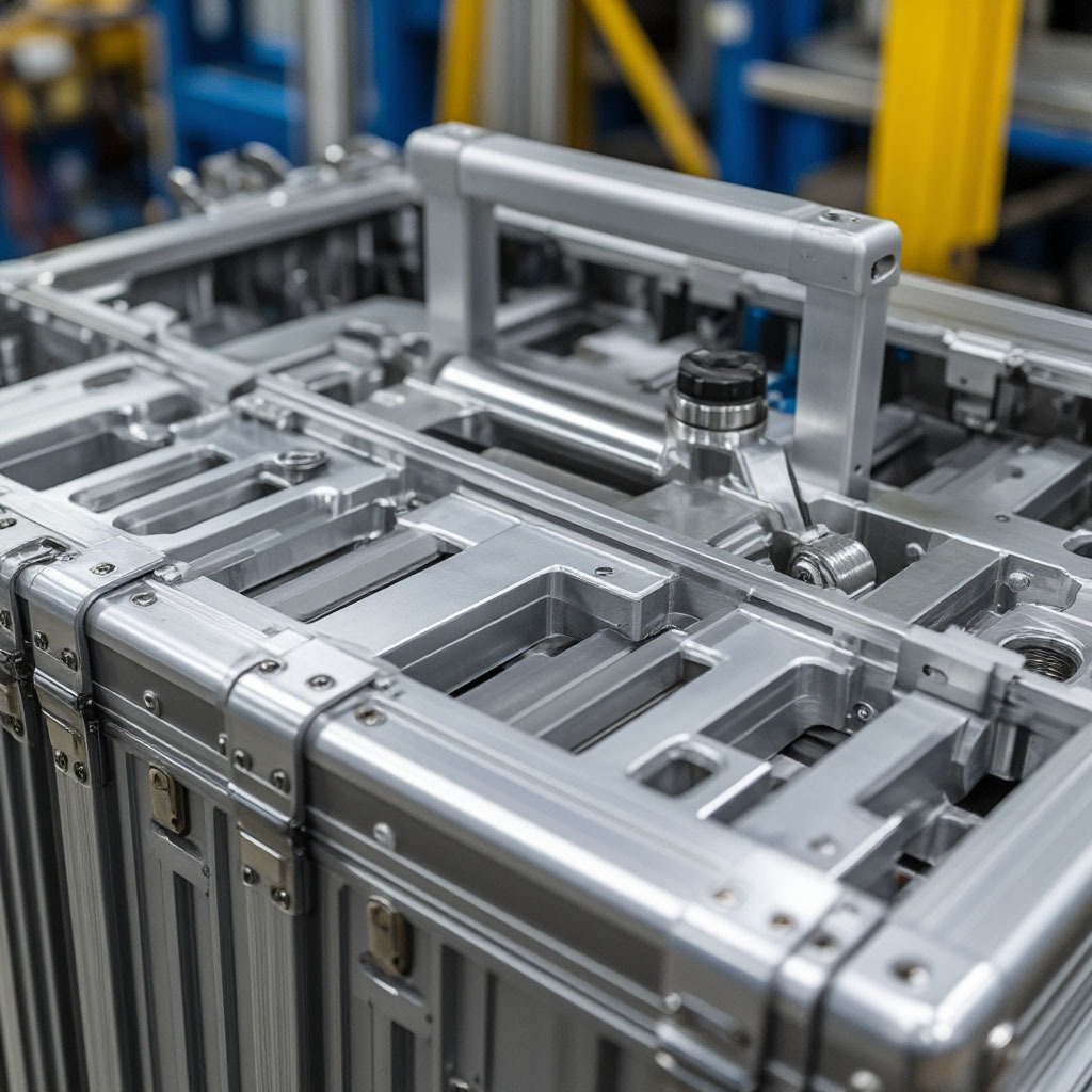 Close-up of precision engineering in aluminium luggage manufacturing
